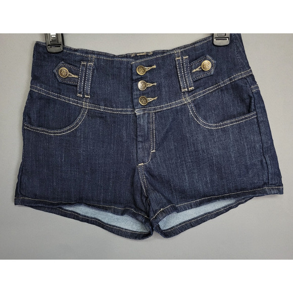 Mindcode Shorts Womens Medium Blue Denim High Rise Skinny Button Front Pocket - Picture 1 of 13
